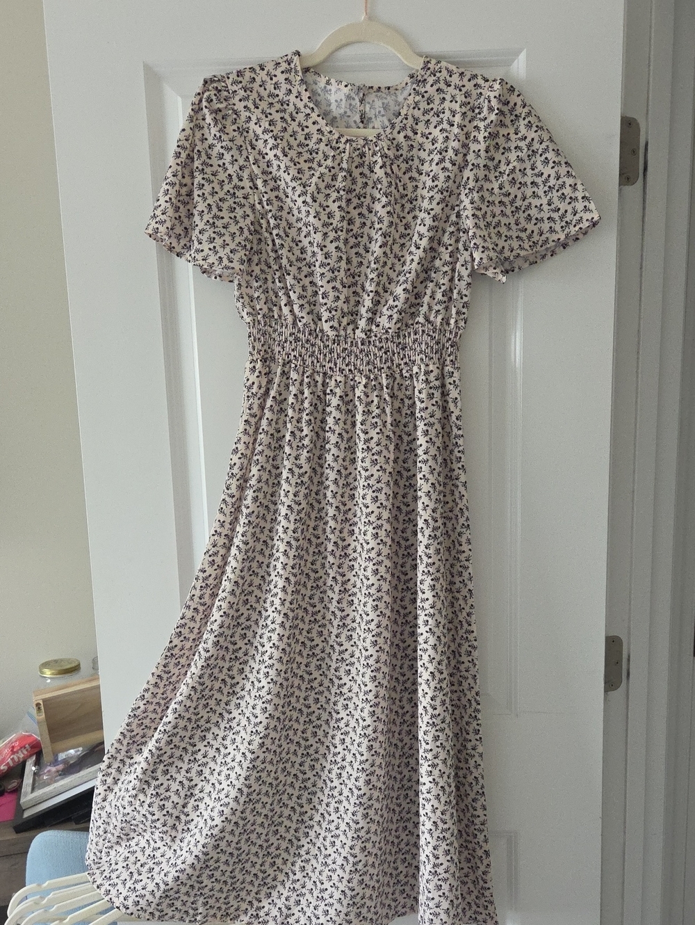 SHEIN Cream Midi Dress with Black Floral Print